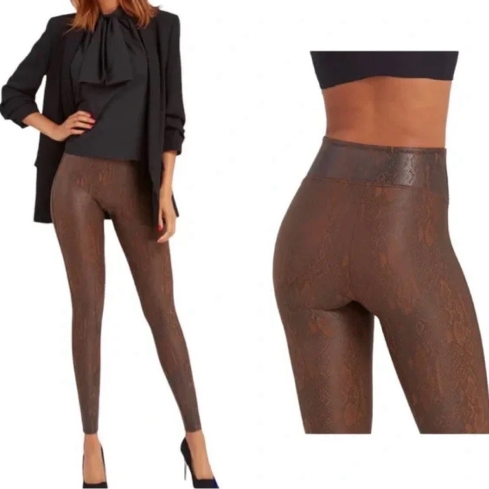 SPANX Faux Leather Snake Shine Leggings Brown M - Picture 4 of 15